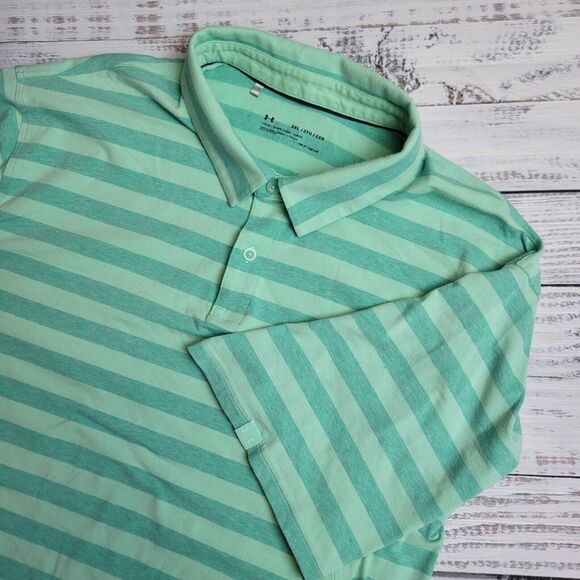 Under Armour Heat Gear 2XL XXL Short Sleeve Striped Shirt‎ Golf Polo Green Loose - Picture 1 of 9